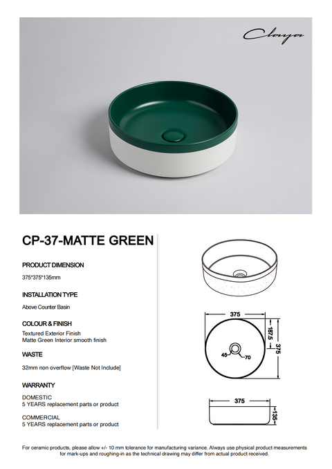 Colour Plus-37 Round Above-Counter Basin – Matte Green