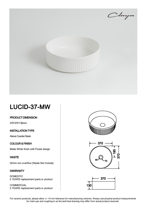 Lucid 37 Round Fluted Above-Counter Basin – Matte White