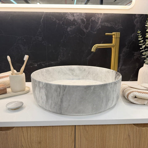Moon-40 Round Above Counter Basin – Matte Carrara Marble Stone Look