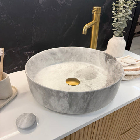 Moon-40 Round Above Counter Basin – Matte Carrara Marble Stone Look