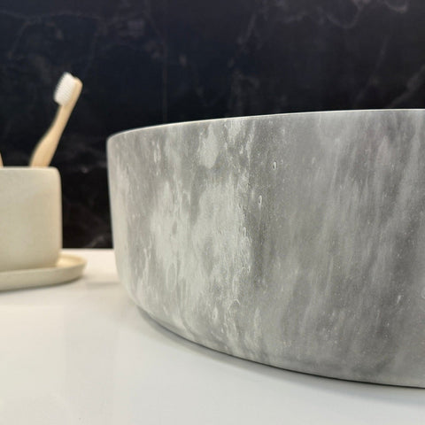 Moon-40 Round Above Counter Basin – Matte Carrara Marble Stone Look