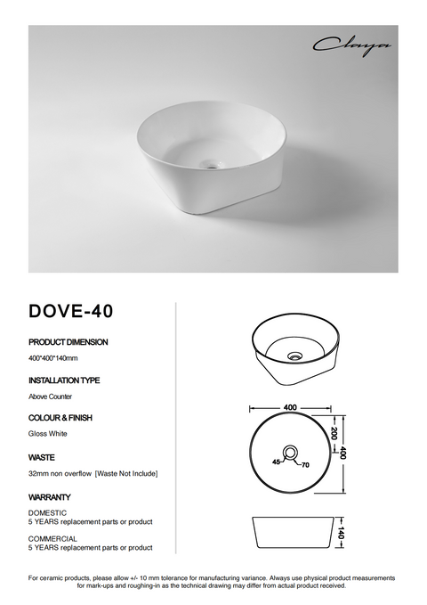 Dove 40 Above Counter Ceramic Basin – Gloss White