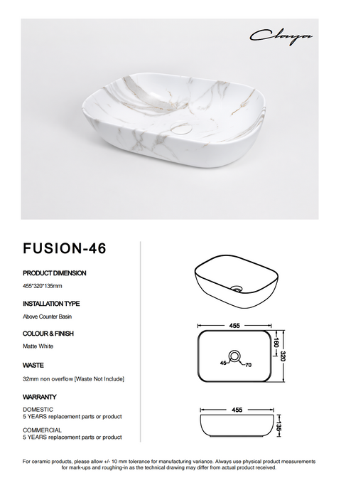 Fusion-46 Above-Counter Basin – Matte White Carrara
