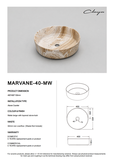 Marvane-40-M Above Counter Basin – Matte Stone Marble Look