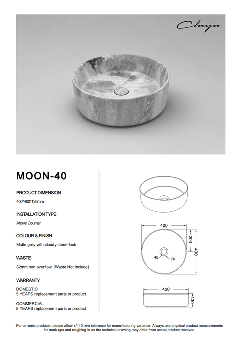 Moon-40 Round Above Counter Basin – Matte Carrara Marble Stone Look