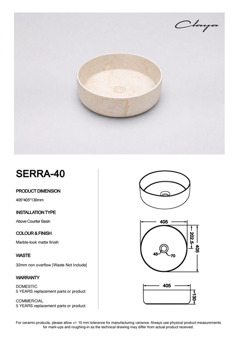 Serra-40 Above Counter Ceramic Basin Matte Stone Marble look